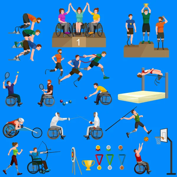 Desactivar Handicap Juegos Deportivos Stick Figure Pictogram Iconos — Vector de stock