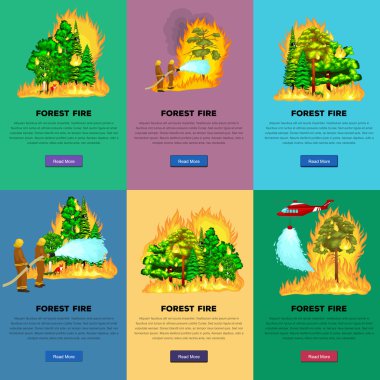 Koruyucu giysi ve kask helikopter ile itfaiye su hortumlar tehlikeli orman yangını ile söndürmek. Adam savaşçı ve kurtarma helikopteri orman manzara hasar vektör yangın söndürüldü