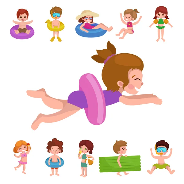 Girl and boy in swimsuit isolated, kids summer vacation — Stock Vector