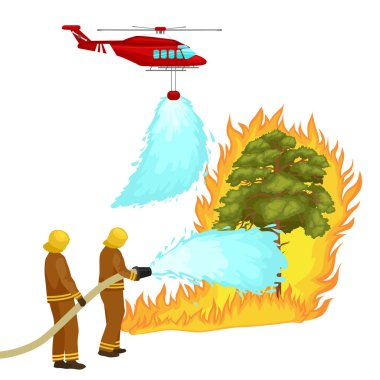 Koruyucu giysi ve kask helikopter ile itfaiye su hortumlar tehlikeli orman yangını ile söndürmek. Adam savaşçı ve kurtarma helikopteri orman manzara hasar vektör yangın söndürüldü