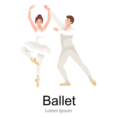 Genç güzel dansçı kız ve oğlan, iki adam ve kadın dans bale, dans zerafet balerin bale, güzel balerin kız beyaz vektör çizim üzerinde izole