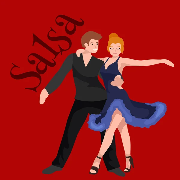 Lycklig Salsa dansare par isolerade på vit ikon piktogram, man och kvinna i klänning dansa salsa med passion, folk dansar ballroom vektor illustration, ung flicka dansare salsa till musik — Stock vektor