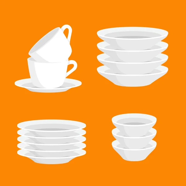 Кухонные столовые приборы чистые чашки и белая керамическая плита сложены векторные иллюстрации набор — стоковый вектор
