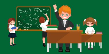 Geri okul yaz satış arka plan için. Erkek ve kız, tahta, eğitim kavramı afiş