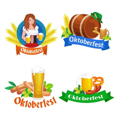 Bira Festivali Oktoberfest kutlamaları retro tarzı etiketleri, rozetleri ve logolar bira bardağı ile vektör çizim arka plan üzerinde ayarla.