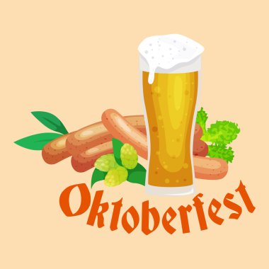 almanya bira festivali oktoberfest, cam kupa bavyera bira, geleneksel parti kutlama, vektör illüstrasyon