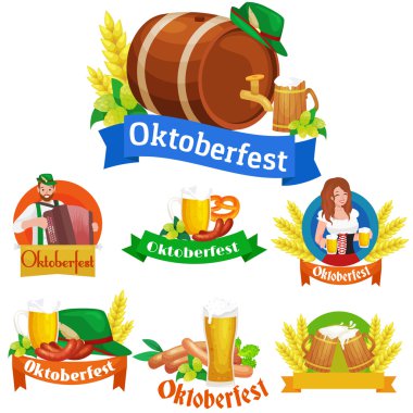 Bira Festivali Oktoberfest kutlamaları retro tarzı etiketleri, rozetleri ve logolar bira bardağı ile vektör çizim arka plan üzerinde ayarla.