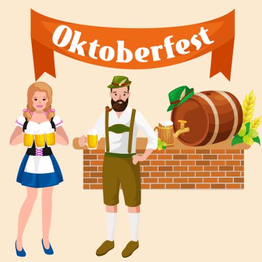 almanya bira festivali oktoberfest, cam kupa bavyera bira, geleneksel parti kutlama, vektör illüstrasyon