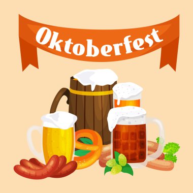 Bira Festivali Oktoberfest kutlamaları retro tarzı etiketleri, rozetleri ve logolar bira bardağı ile vektör çizim arka plan üzerinde ayarla.