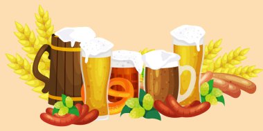 Bira Festivali Oktoberfest kutlamaları retro tarzı etiketleri, rozetleri ve logolar bira bardağı ile vektör çizim arka plan üzerinde ayarla.