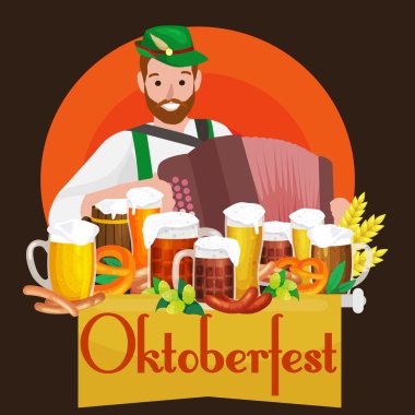 almanya bira festivali oktoberfest, cam kupa bavyera bira, geleneksel parti kutlama, vektör illüstrasyon
