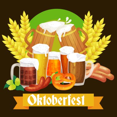 almanya bira festivali oktoberfest, cam kupa bavyera bira, geleneksel parti kutlama, vektör illüstrasyon