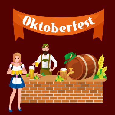 almanya bira festivali oktoberfest, cam kupa bavyera bira, geleneksel parti kutlama, vektör illüstrasyon