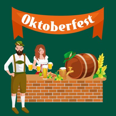 almanya bira festivali oktoberfest, cam kupa bavyera bira, geleneksel parti kutlama, vektör illüstrasyon