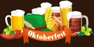 almanya bira festivali oktoberfest, cam kupa bavyera bira, geleneksel parti kutlama, vektör illüstrasyon