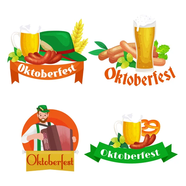 Festival de cerveja Oktoberfest celebrações rótulos estilo retro, emblemas e logotipos com caneca de cerveja em segundo plano ilustração vetorial . — Vetor de Stock