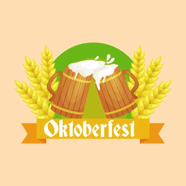 Festival de la cerveza Oktoberfest celebraciones etiquetas de estilo retro, insignias y logotipos con taza de cerveza en el fondo Ilustración vectorial . — Vector de stock