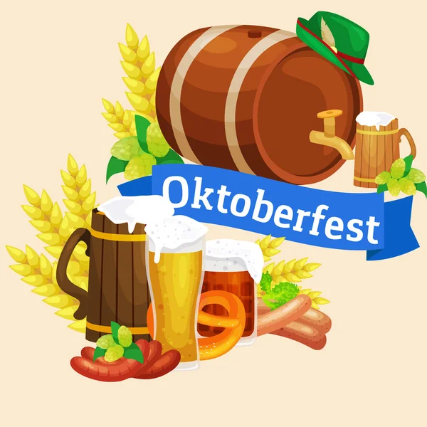 Festival de cerveja alemanha oktoberfest, cerveja bávara em caneca de vidro, festa tradicional celebração, ilustração vetorial — Vetor de Stock