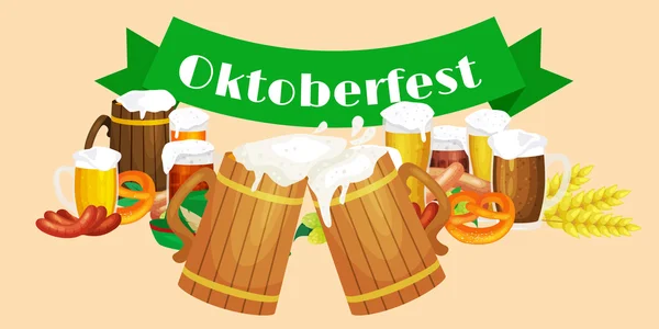 Festival de cerveza alemania oktoberfest, cerveza bavariana en taza de vidrio, celebración de fiesta tradicional, ilustración vectorial — Archivo Imágenes Vectoriales