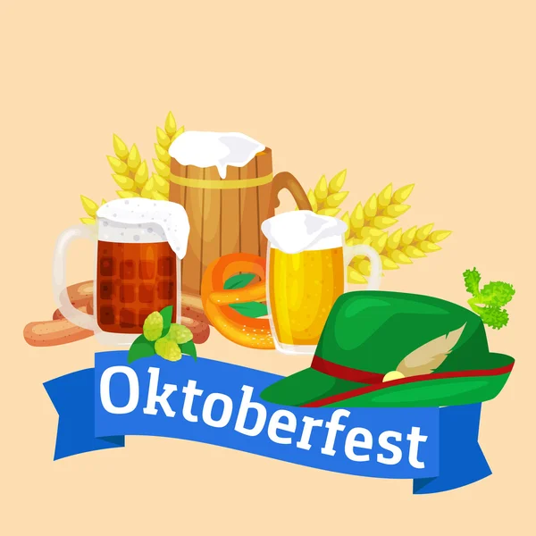 Germany beer festival oktoberfest, bavarian beer in glass mug, traditional party celebration, vector illustration — Stock Vector