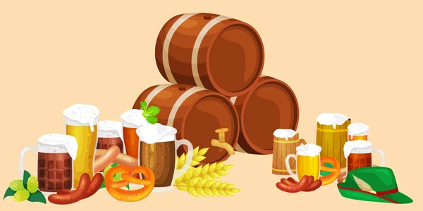 Festival de la cerveza Oktoberfest celebraciones etiquetas de estilo retro, insignias y logotipos con taza de cerveza en el fondo Ilustración vectorial . — Archivo Imágenes Vectoriales