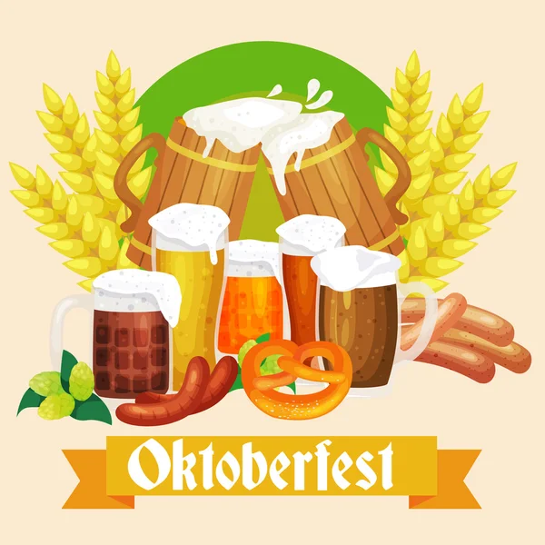 Festival de la cerveza Oktoberfest celebraciones etiquetas de estilo retro, insignias y logotipos con taza de cerveza en el fondo Ilustración vectorial . — Vector de stock
