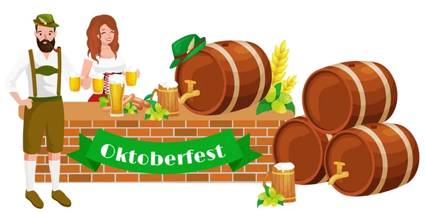 Festival de cerveza alemania oktoberfest, cerveza bavariana en taza de vidrio, celebración de fiesta tradicional, ilustración vectorial — Vector de stock