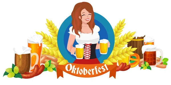 Немецкий пивной фестиваль Октоберфест, баварское пиво в стеклянной кружке, традиционное празднование вечеринок, векторная иллюстрация — стоковый вектор