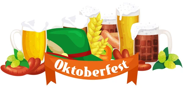 Festival de la bière Oktoberfest célébrations étiquettes de style rétro, badges et logos sertis d'une tasse de bière sur fond Illustration vectorielle . — Image vectorielle