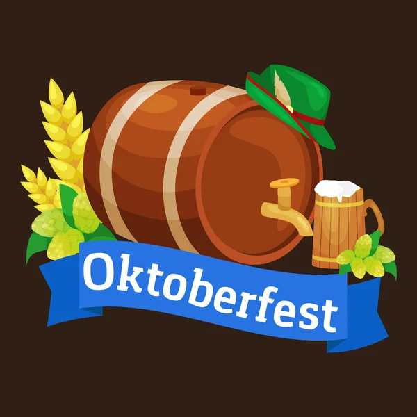 Festival de la cerveza Oktoberfest celebraciones etiquetas de estilo retro, insignias y logotipos con taza de cerveza en el fondo Ilustración vectorial . — Archivo Imágenes Vectoriales