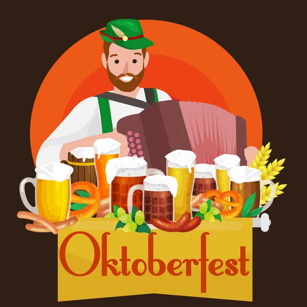 Festival de cerveza alemania oktoberfest, cerveza bavariana en taza de vidrio, celebración de fiesta tradicional, ilustración vectorial — Vector de stock