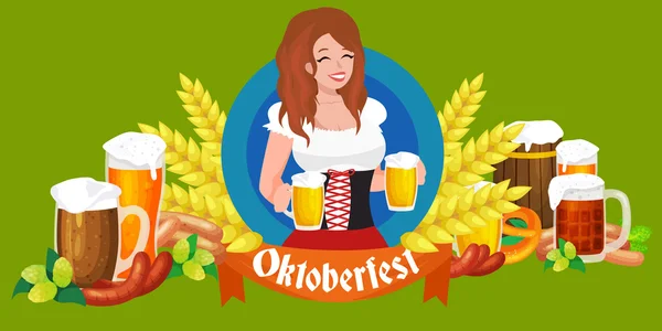 Φεστιβάλ Oktoberfest ρετρό στυλ ετικέτες γιορτές μπύρας, σήματα και τα λογότυπα που με κούπα μπύρα σε εικονογράφηση διάνυσμα φόντο. — Διανυσματικό Αρχείο