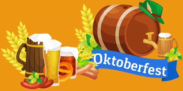 Festival de la cerveza Oktoberfest celebraciones etiquetas de estilo retro, insignias y logotipos con taza de cerveza en el fondo Ilustración vectorial . — Vector de stock