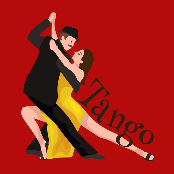 Yong Para mężczyzna i Kobieta tańczy tango z pasją, tancerze tanga wektor ilustracja na czerwonym tle. Łacińskiej i tańców, ludy dansing tango, dziewczynka i chłopiec tangoing — Wektor stockowy