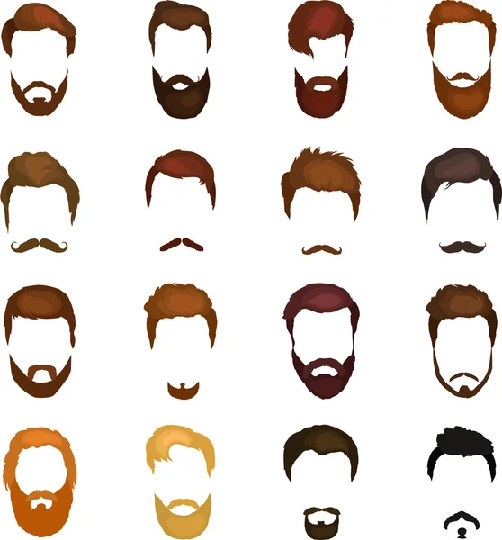 Hombres peinados de dibujos animados con barbas y bigote de fondo. Ilustración vectorial con iconos de peinados hipsters aislados  . — Vector de stock