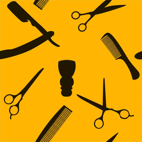 Barbeiro loja ou cabeleireiro fundo, padrão sem costura com tesoura de cabeleireiro, escova de barbear, navalha, pente para homem salon vetor ilustração — Vetor de Stock