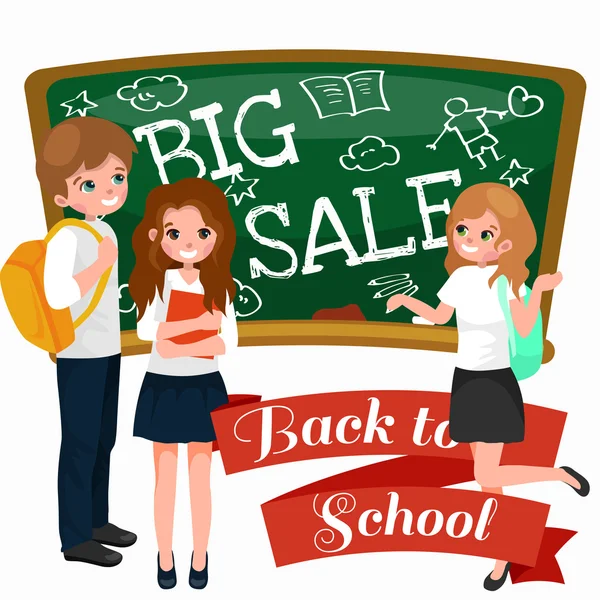 Back to School summer sale background. Boy and girl at the blackboard, education concept banner — Stock Photo, Image