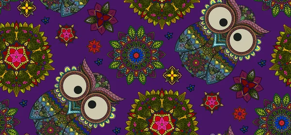Dibujado a mano Mandala y búho ornamental patrón sin costura, Floral D — Vector de stock