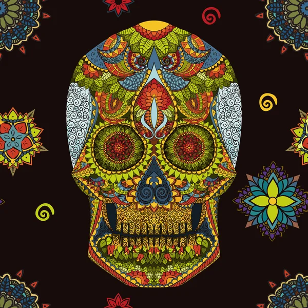 Día de los Muertos. Cráneo dibujado a mano ornamentrd vector flores en la oscuridad — Archivo Imágenes Vectoriales