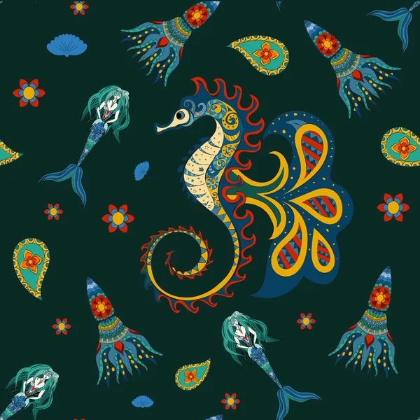 Hand drawn Ornamental Mermaid, sea-horse and calmar. Royalty Free Stock Vectors