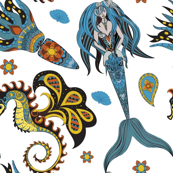 Hand drawn Ornamental Mermaid, sea-horse and calmar, seamless Stock Vector
