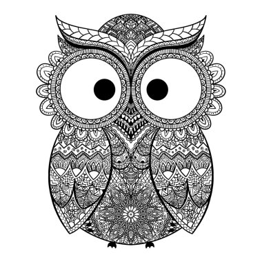 Baykuş vektör Illustration. Aşiret resimli kuş. Açık renkli baykuş whith çiçekler. Şekilli ve süslü baykuş.