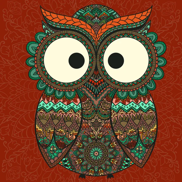 Hibou d'ornement sur le fond à motifs . — Image vectorielle