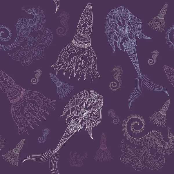 Handgezeichnete Ziernixe, Seepferdchen und Kalmar. Märchen — Stockvektor