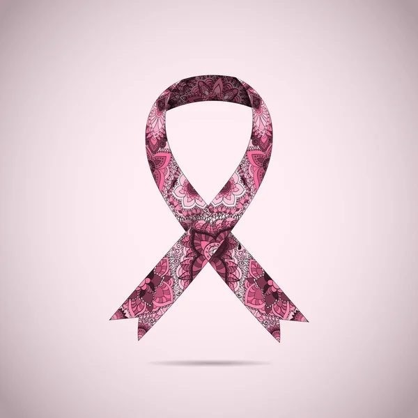 Cinta adornada de cáncer de mama sobre fondo rosa abstracto . — Archivo Imágenes Vectoriales