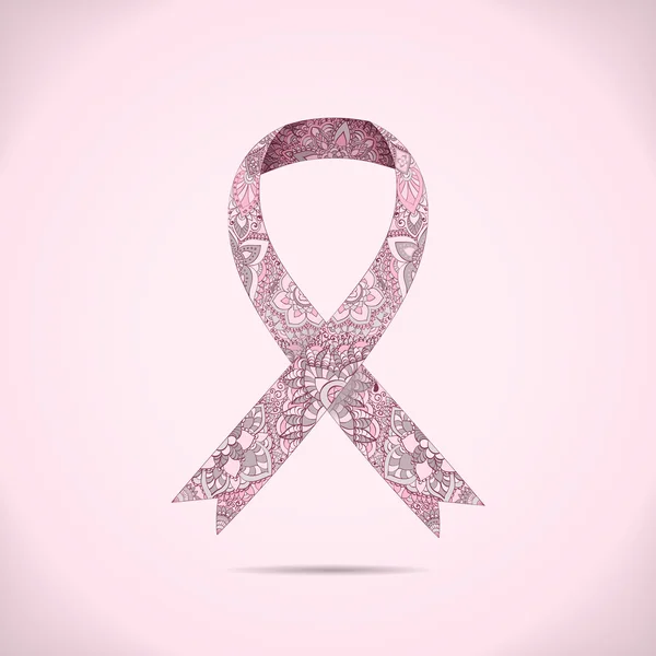 Cinta adornada de cáncer de mama sobre fondo rosa abstracto . — Archivo Imágenes Vectoriales