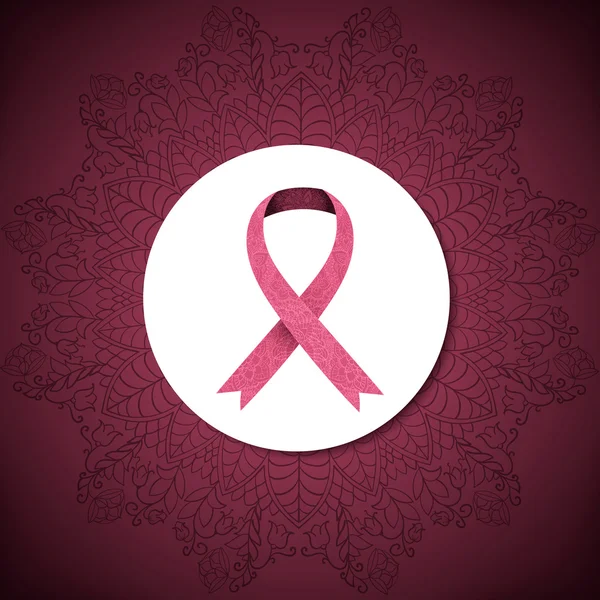 Cinta adornada de cáncer de mama sobre fondo rosa abstracto . — Archivo Imágenes Vectoriales