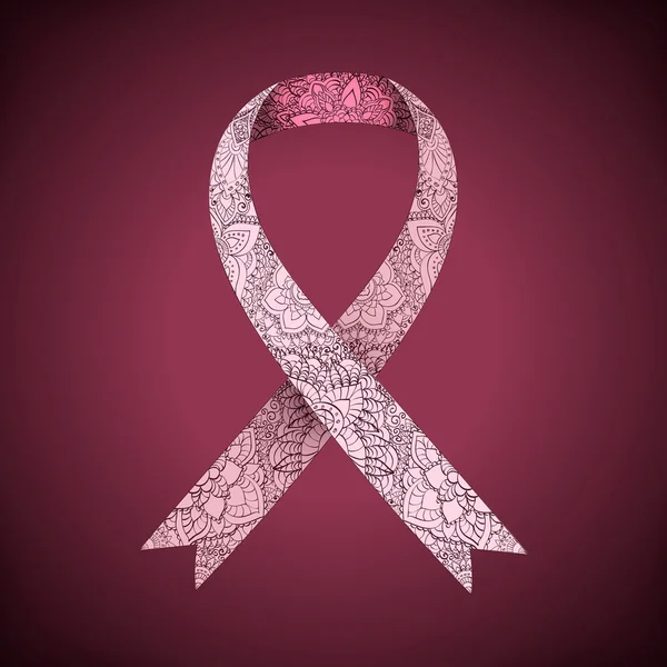 Cinta adornada de cáncer de mama sobre fondo rosa abstracto . — Archivo Imágenes Vectoriales