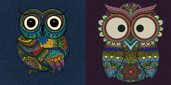 Conjunto vectorial de ilustraciones de búho ornamental. Pájaro ilustrado en tribal . — Archivo Imágenes Vectoriales