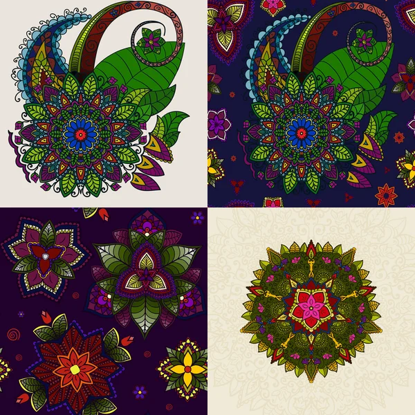Conjunto vetorial de Mandala desenhado à mão e padrão de doodle floral. padrão de cor circular para decoração — Vetor de Stock